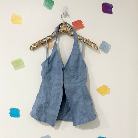 S Urban Outfitters Chambry Blue Corset Halter Top NWT Linen Blend - Picture 2 of 8